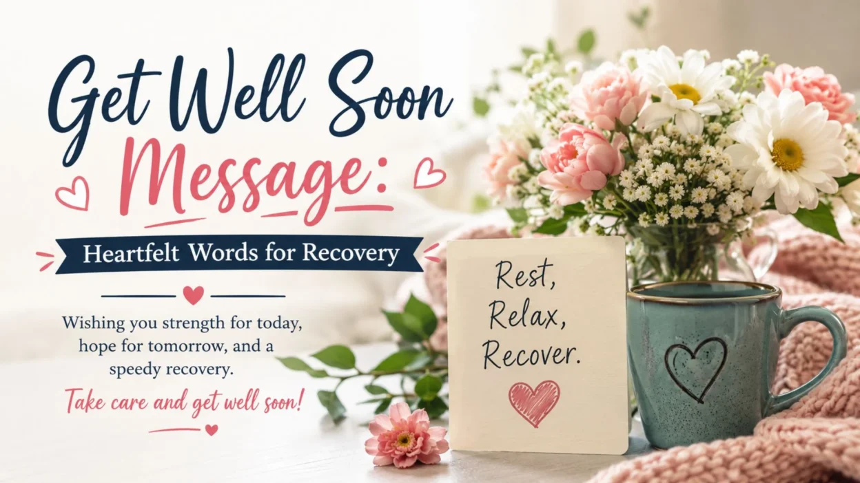 Get well soon message with heartfelt recovery wishes, flowers, cozy mug, and comforting reminder to rest