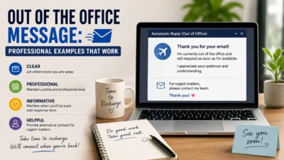 Out of the office message graphic with professional email examples, laptop, and workplace elements