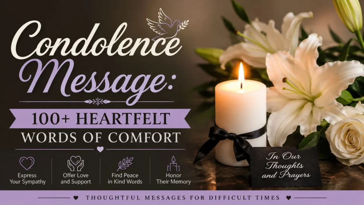 Condolence message guide with a memorial candle, white lilies, and heartfelt words of comfort for expressing sympathy
