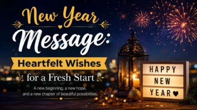 New Year message with heartfelt wishes for a fresh start, golden fireworks, lantern, and festive decorations