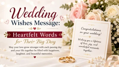 Wedding wishes message with heartfelt words, wedding rings, roses, and an elegant congratulatory card