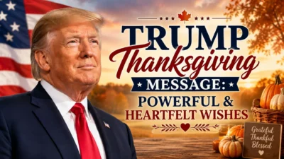 Trump Thanksgiving message with Donald Trump, American flag, autumn pumpkins, and heartfelt holiday wishes
