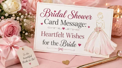 Bridal shower card message with heartfelt wishes, pink roses, wedding dress, gift box, and elegant stationery