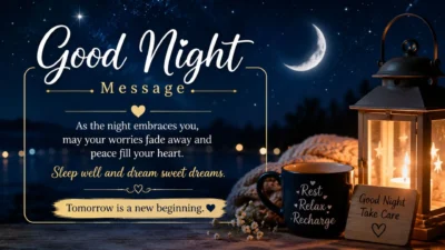 Good night message with crescent moon, stars, cozy lantern, and peaceful words for restful sleep