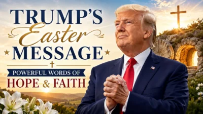 Trump’s Easter message graphic with faith, hope, a cross, sunrise, and Easter-themed imagery