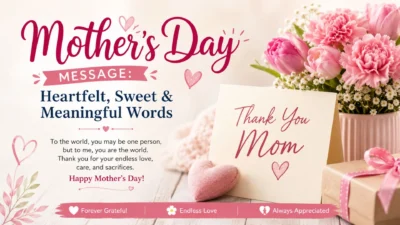 Mother’s Day message with heartfelt, sweet and meaningful words, pink flowers, thank you mom card, and loving decorations