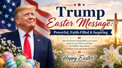 Trump Easter message with patriotic American flag, Easter cross, flowers, and faith-filled inspirational greeting