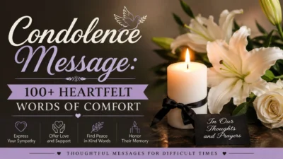 Condolence message guide with a memorial candle, white lilies, and heartfelt words of comfort for expressing sympathy