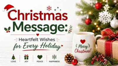 Christmas message with heartfelt holiday wishes, festive tree, gift, and cozy Christmas decor