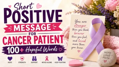 Short positive message for cancer patient with hopeful words and a supportive awareness ribbon