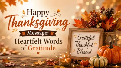 Happy Thanksgiving message with heartfelt words of gratitude, pumpkins, autumn leaves, and warm candlelight