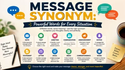 Message synonym infographic showing powerful words like note, text, greeting, email, memo, and announcement