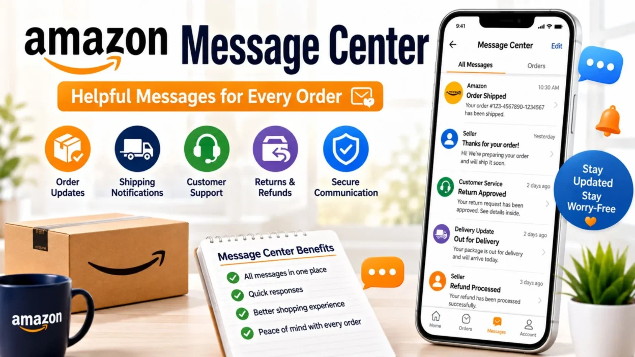 Amazon Message Center interface with order updates, customer support messages, and secure buyer-seller communication