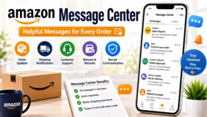 Amazon Message Center interface with order updates, customer support messages, and secure buyer-seller communication