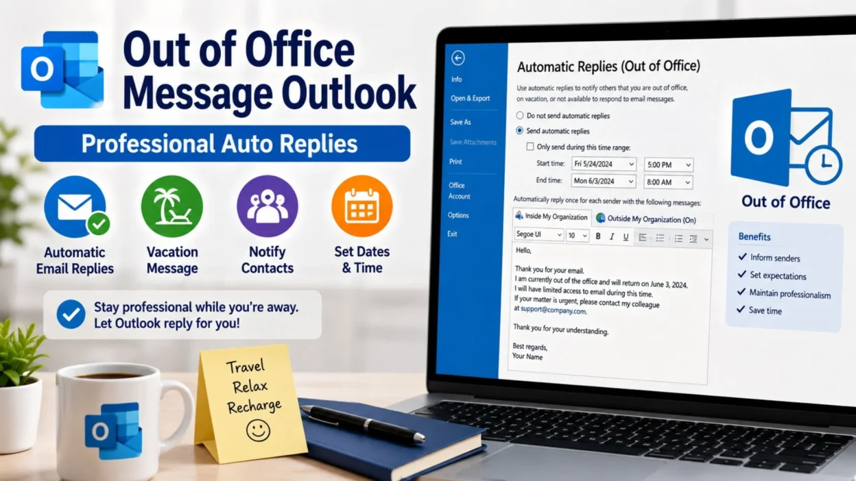 Out of Office Message Outlook auto reply screen with professional email templates and vacation notification settings