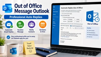 Out of Office Message Outlook auto reply screen with professional email templates and vacation notification settings