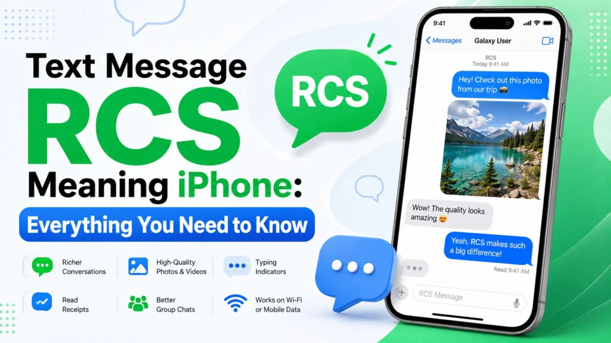 Text Message RCS Meaning iPhone infographic showing RCS features, iPhone messaging, read receipts, typing indicators, and media sharing