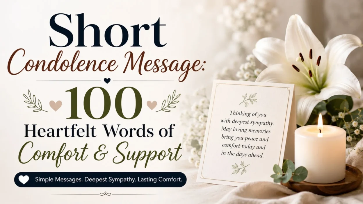 Short condolence message graphic with white lily, candle, sympathy card, and heartfelt words of comfort and support