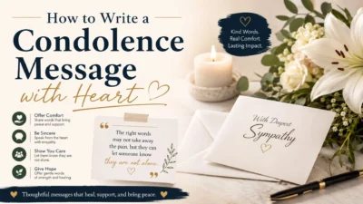 How to write a condolence message with heart featuring a sympathy card, candle, white lilies, and heartfelt writing tips.