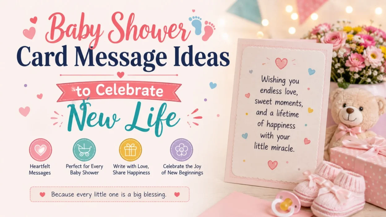Baby shower card message ideas with a pastel greeting card, teddy bear, baby booties, and gifts celebrating new life