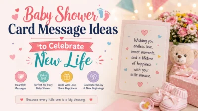 Baby shower card message ideas with a pastel greeting card, teddy bear, baby booties, and gifts celebrating new life