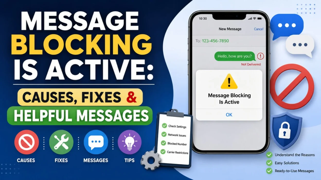 Message Blocking Is Active error on smartphone with causes, fixes, and helpful messaging solutions illustrated in a clear guide