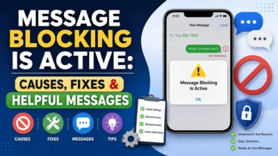 Message Blocking Is Active error on smartphone with causes, fixes, and helpful messaging solutions illustrated in a clear guide