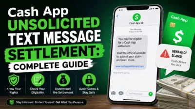 Cash App unsolicited text message settlement guide with smartphone alert, scam warning, and verification tips