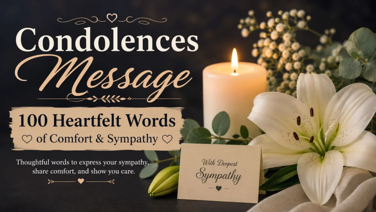 One-line condolences message with a glowing candle and white lilies, expressing sympathy, peace, and heartfelt comfort.