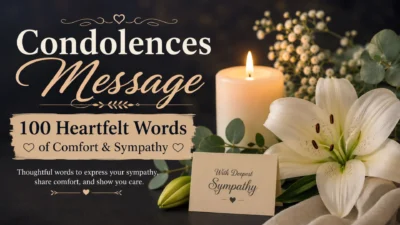 One-line condolences message with a glowing candle and white lilies, expressing sympathy, peace, and heartfelt comfort.