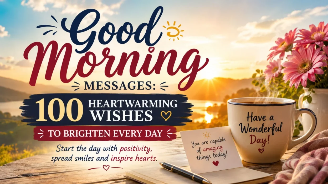 Good morning messages banner with sunrise, coffee mug, flowers, and heartwarming wishes to brighten every day.
