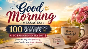 Good morning messages banner with sunrise, coffee mug, flowers, and heartwarming wishes to brighten every day.