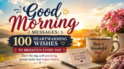 Good morning messages banner with sunrise, coffee mug, flowers, and heartwarming wishes to brighten every day.