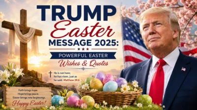 Trump Easter Message 2025 graphic with Easter cross, lilies, colorful eggs, American flag, and inspiring Easter wishes