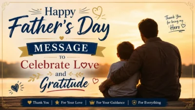 Father's Day message with a father and son watching the sunset, celebrating love, gratitude, and heartfelt appreciation.
