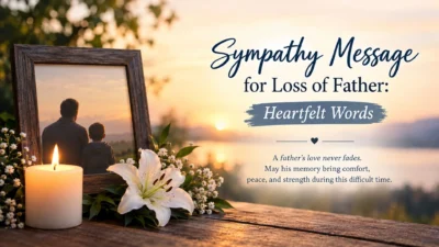 Sympathy message for loss of father with candle, flowers, and a peaceful memorial scene