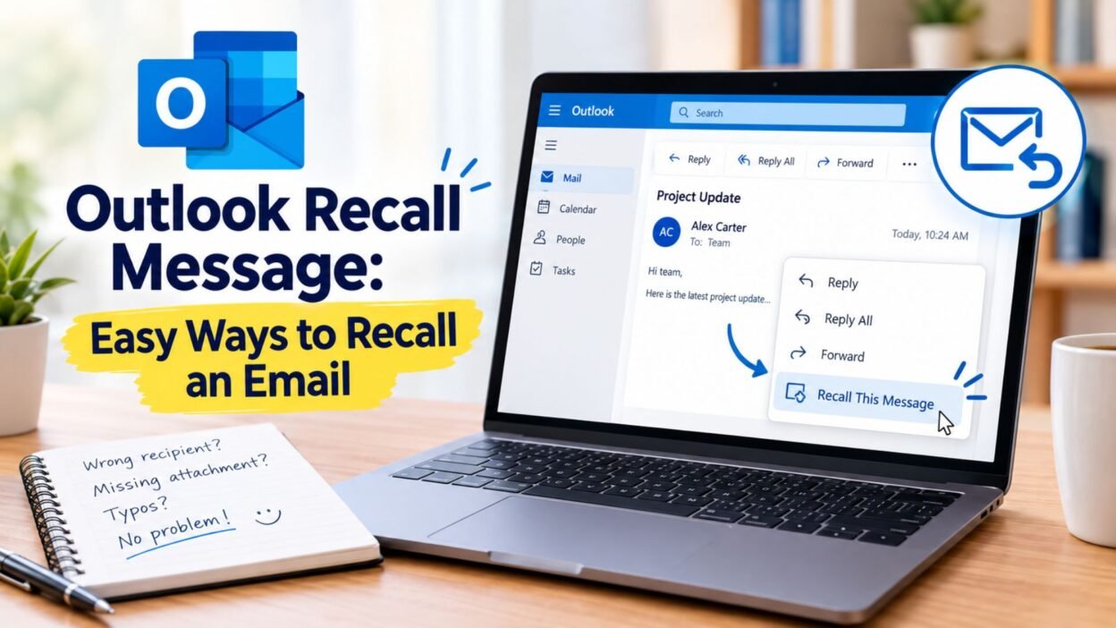 Outlook recall message guide showing how to recall an email and correct common sending mistakes.