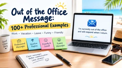 Out of the office message examples displayed with a laptop, workspace, vacation items, and professional notes