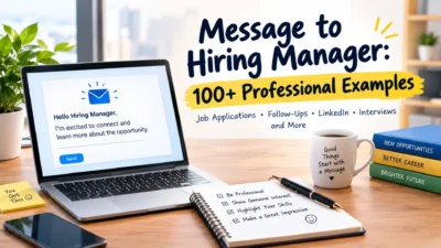 Professional message to hiring manager displayed on a laptop in a modern office workspace.