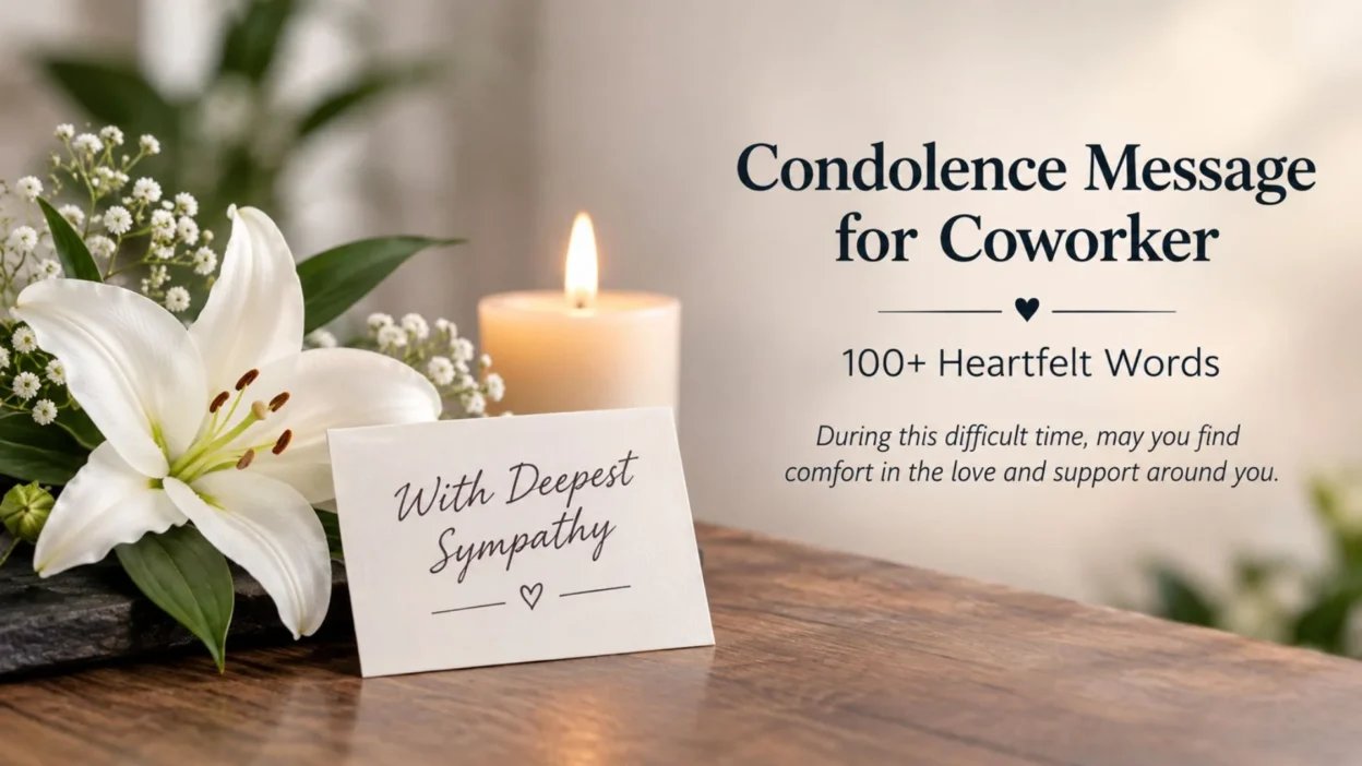 Condolence message for coworker with white lilies, a sympathy card, and a glowing candle.