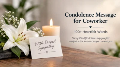 Condolence message for coworker with white lilies, a sympathy card, and a glowing candle.