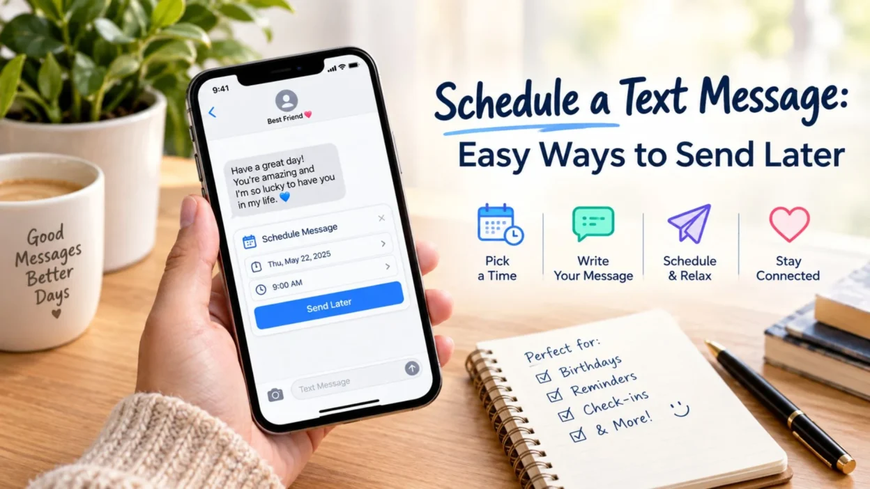 Schedule a text message on a smartphone with an easy send later option and scheduled messaging interface