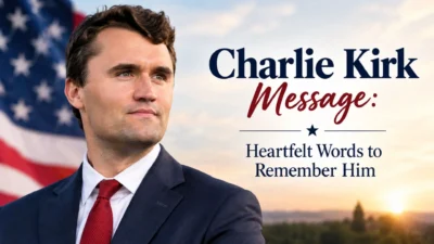 Charlie Kirk memorial graphic with heartfelt words to remember him against an American flag background.