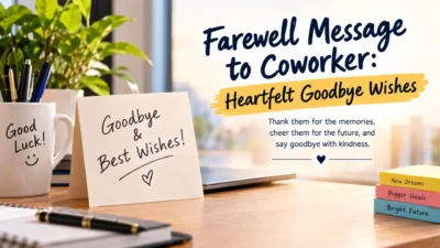Farewell message to coworker with a goodbye card, office desk, and heartfelt wishes for a bright future.