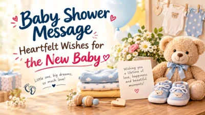 Baby shower message with teddy bear, baby shoes, flowers, and heartfelt wishes