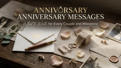 Anniversary messages with romantic flowers, wedding rings, and a heartfelt celebration
