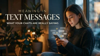 Meaning in text messages explained with smartphone chat bubbles and texting symbols.