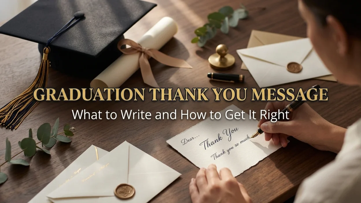 Graduation thank you message with a graduation cap, diploma, and thank you cardGraduation thank you message with a graduation cap, diploma, and thank you card