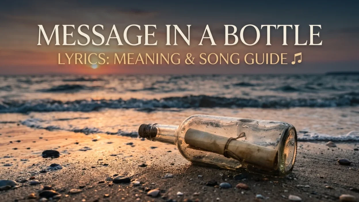 Message in a Bottle song by The Police with a bottle floating across the ocean