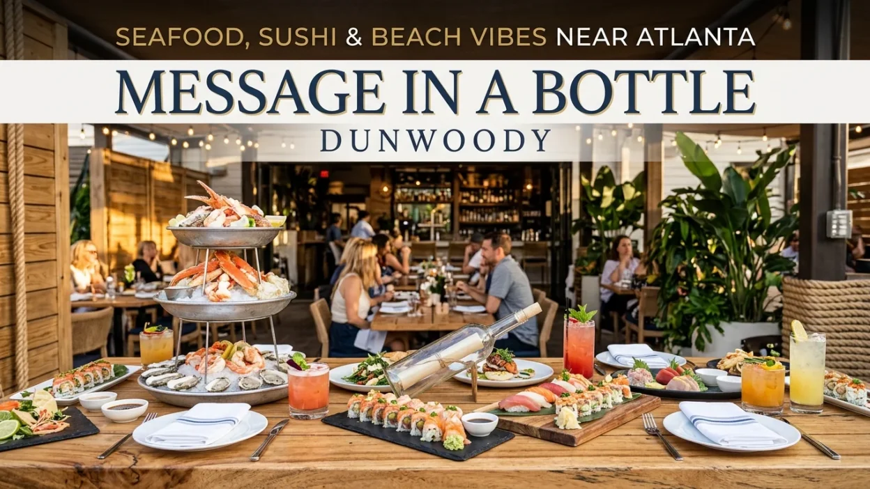 Message in a Bottle Dunwoody restaurant featuring seafood, sushi, and beach-inspired dining near Atlanta